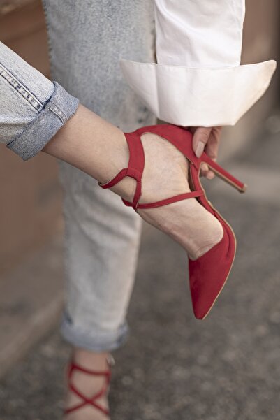 AYAKKABI PRENSİ Pansy Kirmizi Suet 10 Cm Kadın Klasik Topuklu Ayakkabı Suet