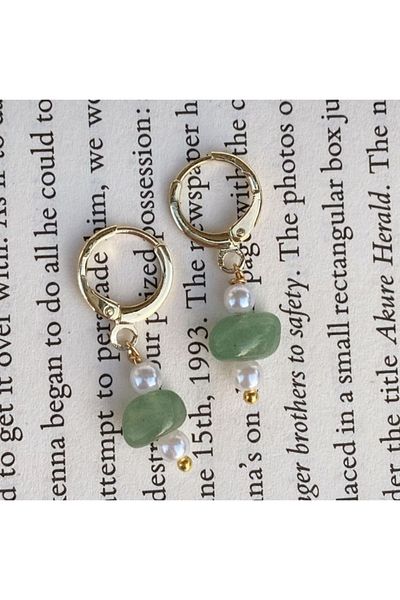Stoneday Aventurine Natural Stone Gold Detailed Gold Hoop Earrings with Pearls