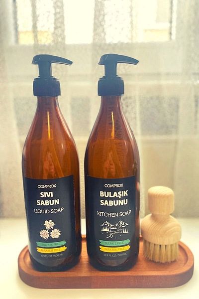 Comprox Ξύλινη βάση 2 τεμαχίων Amber Glass Liquid Soap Dish Detergent Bottle Soap Dispenser 500ml με βάση