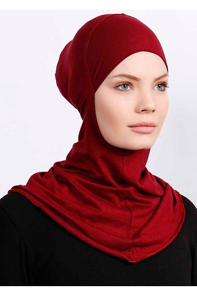 Ecardin Large Hijab Bonnet - Practical Lycra Hijab with Neck Collar Women's Ready Flexible Sports Hijab - Claret Red