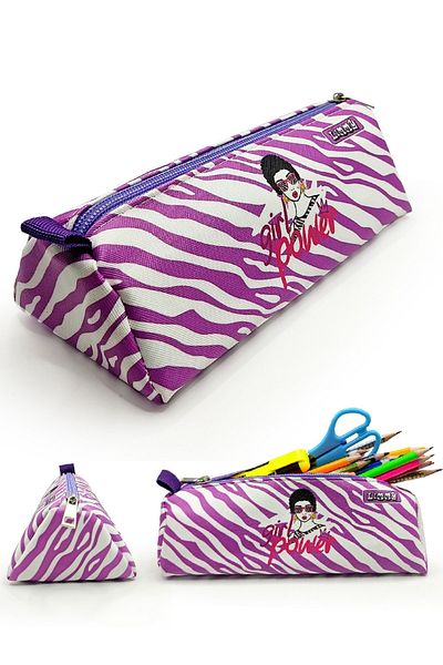 Limmy Μολυβοθήκη Zebra Pattern Triangle Θήκη μολυβιού Jumbo Vegan Δερμάτινη θήκη για στυλό - Λευκό Μωβ