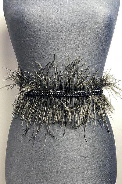 Hobigram Curea de seară cu mărgele cristal din pene negre – Curea, Design elegant, Accesoriu pentru femei