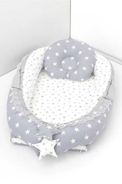 Umaybebek Babynest، سرير نوم للأطفال 0-2 سنة - قماش قطني - نجمة رمادية فاتحة