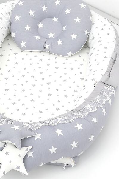 Umaybebek Babynest, Baby Sleeping Bed 0-2 Years - Cotton Fabric - Light Gray Star