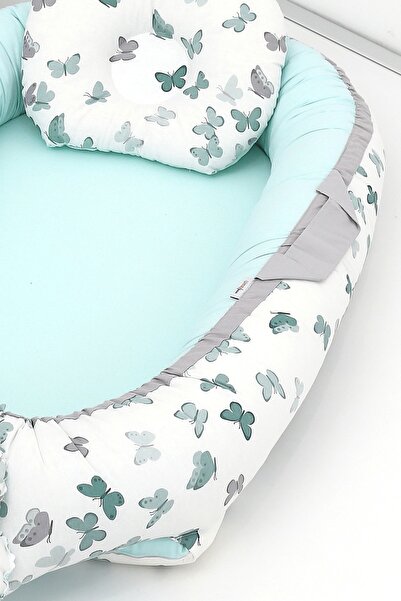 Umaybebek Babynest, Baby Sleeping Bed 0-2 Years - Cotton Fabric - Green Butterfly