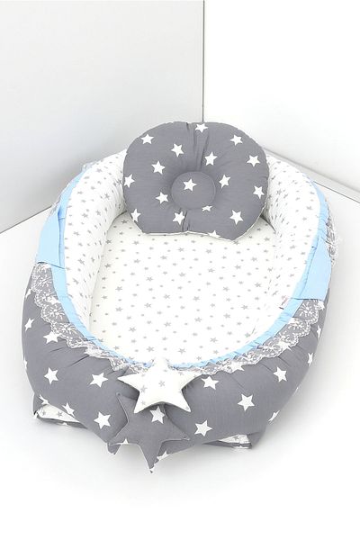 Umaybebek Babynest، سرير نوم للأطفال 0-2 سنة - قماش قطني - رمادي غامق أزرق