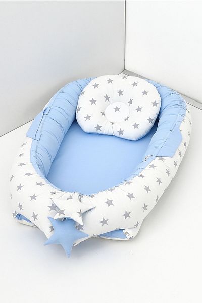 Umaybebek Babynest، سرير نوم للأطفال 0-2 سنة - 100% قطن - نجمة بيضاء زرقاء