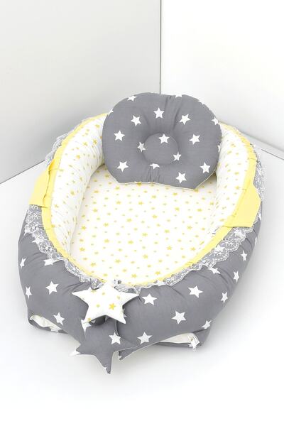 Umaybebek Babynest, Baby Sleeping Bed 0-2 Years - Cotton Fabric - Dark Gray Yellow