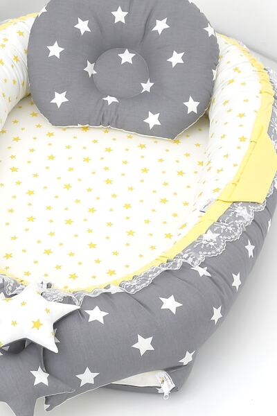 Umaybebek Babynest, Baby Sleeping Bed 0-2 Years - Cotton Fabric - Dark Gray Yellow
