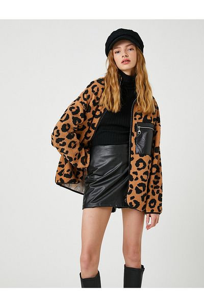 Koton Plyšová mikina na zip s leopardím vzorem