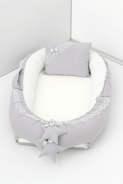 Umaybebek سرير نوم للأطفال بعمر 0-2 سنة - قماش قطني، رمادي كريمي Babynest