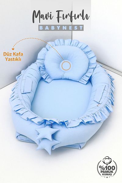 Umaybebek Babynest، سرير نوم للأطفال 0-2 سنة - 100% قطن - أزرق مكشكش