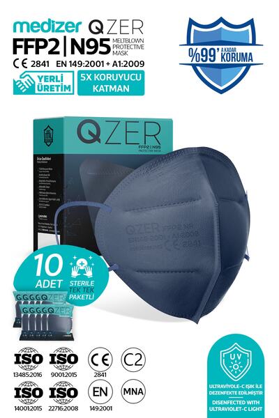 Medizer Qzer 10 Adet Lacivert Renk 5 Katmanlı N95 Maske