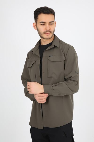 monel Outdoor Haki Fermuarlı Cepli Ultra Likralı Relax Outdoor Haki Gömlek Ta...