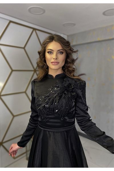 Surikka Flower Detailed Hijab Evening Dress Black