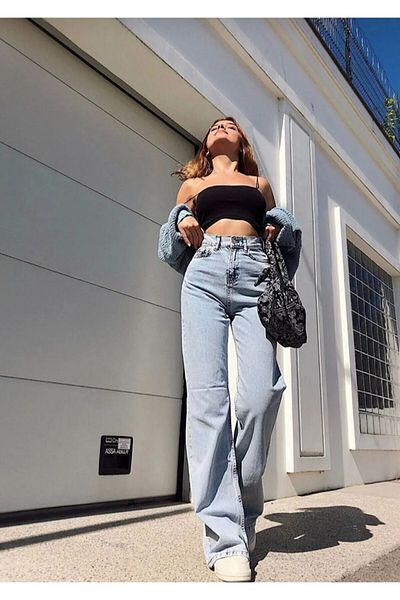 sinembutik Blugi de damă, albastru deschis, decolorați cu zăpadă, cu talie super înaltă, cu picioare largi, din denim (Lycra/Largi))
