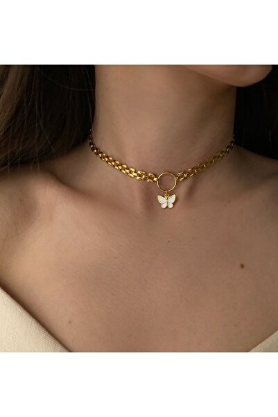 Okkostore Hasır Zincirli Mineli Kelebek Choker Kolye