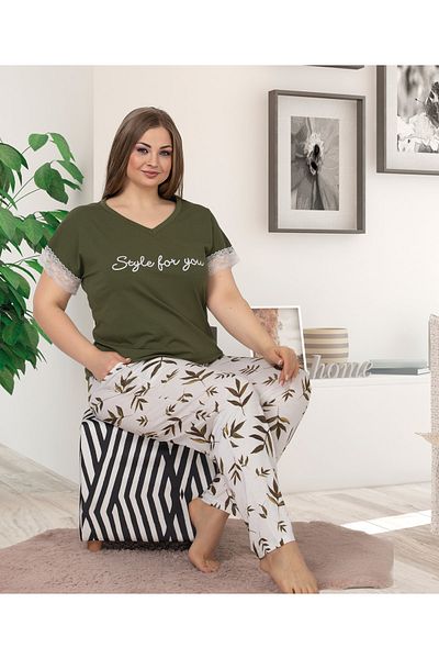 Yenimodam Khaki Green Color and Flower Pattern Lady-10866 Women's Short Sleeve Plus Size Pajama Set