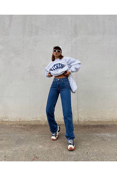 DRC trend Dominia Lycra Albastru închis Palazzo Pantaloni de blugi din denim cu talie înaltă