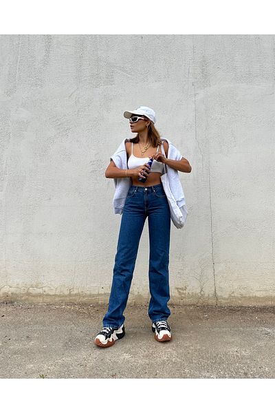 DRC trend Dominia Lycra Albastru închis Palazzo Pantaloni de blugi din denim cu talie înaltă