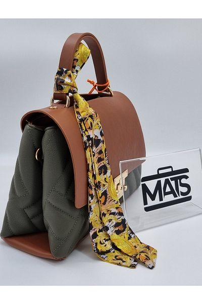 DSN Covered Lockable Scarf Accessory Hand and Shoulder Bag Tan Green