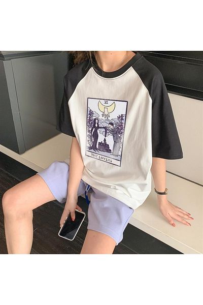 Touz Touz Tarot 'the Lovers' Printed Raglan Sleeve White Unisex Oversize T-shirt