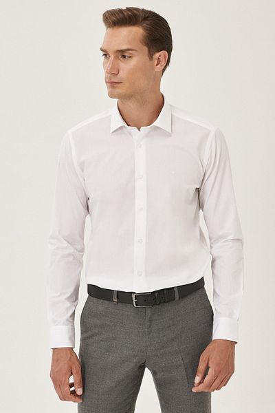 AC&Co / Altınyıldız Classics Ανδρικό λευκό Easy-Iron Slim Fit Slim Fit Classic γιακά βαμβακερό πουκάμισο