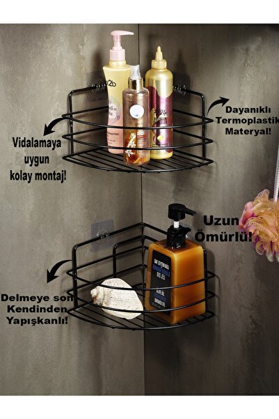 Sas Haus Yapışkanlı Banyo Köşeliği Düzenleyici Şampuanlık Duş Rafı 2 Adet Siyah Tk-01