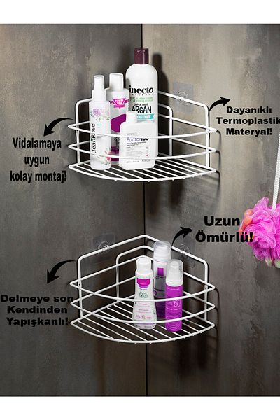 Sas Haus Lifetime Inoxidabil Adeziv Organizator de colț pentru baie Suport șampon Raft de duș 2 buc. Alb Tk-01