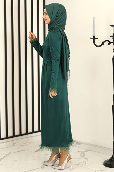Fashion Showcase Feather Detail Satin Pencil Evening Dress Emerald - Design - Fsc3016
