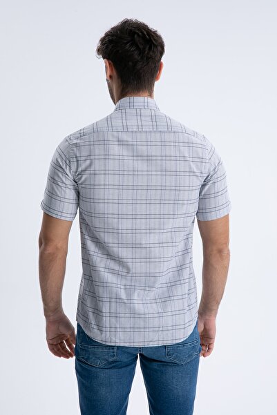 Varetta Men's Blue Short Sleeve Checked Pocket Button Collar Cotton Shirt