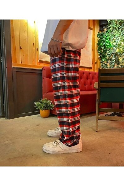 ellevana Plaid Transitional Patterned Oversize Unisex Women Men Red Navy Blue White Colored Sweatpants
