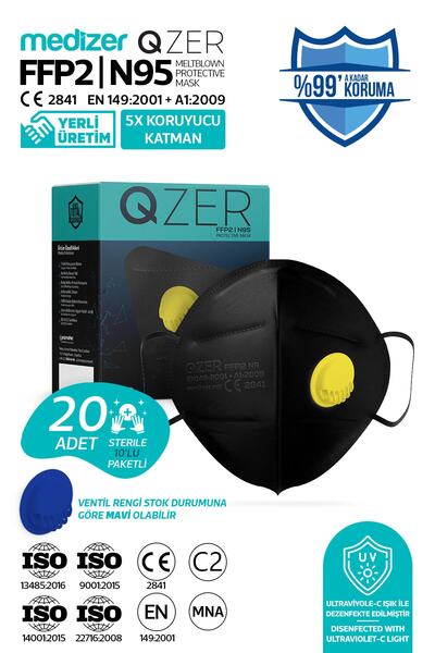 Medizer Qzer Siyah 5 Katlı Ventilli Ffp2 Nr N95 Maske 20 Adet