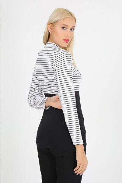 ModaCanel Crop Likralı Beyaz Siyah Çizgili Crop İçlik