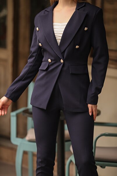 diaves original designs Lacivert Blazer Ceket Kemerli Cepli Boru Paça Pantolon Takım