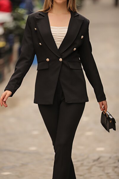 diaves original designs Siyah Blazer Ceket Kemerli Cepli Boru Paça Pantolon Takım