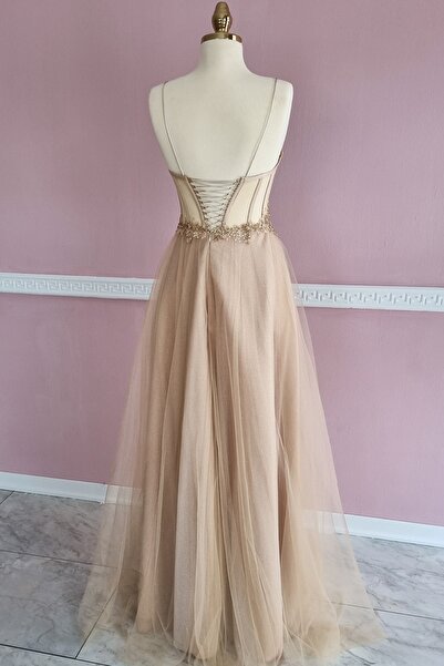 Lenta Moda Ten Rengi Transparan Kristal Işlemeli Dantel Detaylı Simli Abiye Ve Nikah Elbise