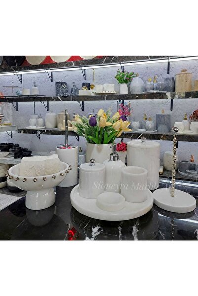 Sümeyra Marble Art Veronica White Silver- Doğal Beyaz Mermer Banyo Seti | 10 ...