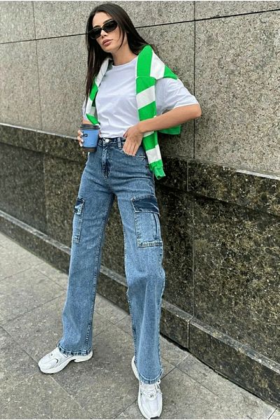 Ramrod Aphrodite Lycra pentru femei cu buzunar cargo mediu cu talie super înaltă, blugi largi, pantaloni palazzo din denim