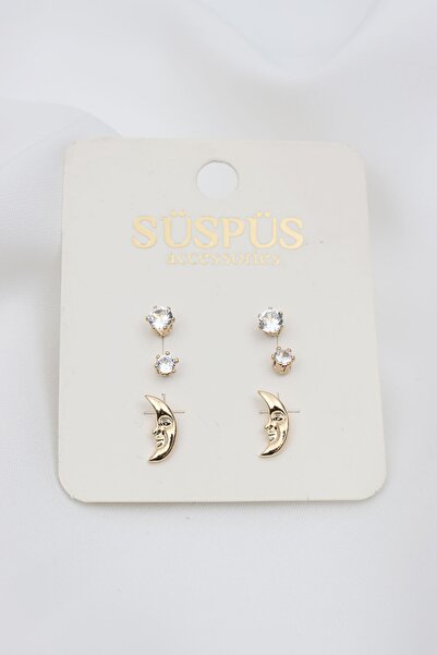 Süspüs Accessories 6'lı Tek Taşlı Ay Figürlü Gold Küpe