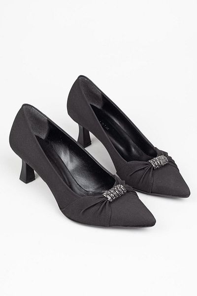 Adım Adım Women's Stone Detailed Black Satin Classic Heeled Shoes
