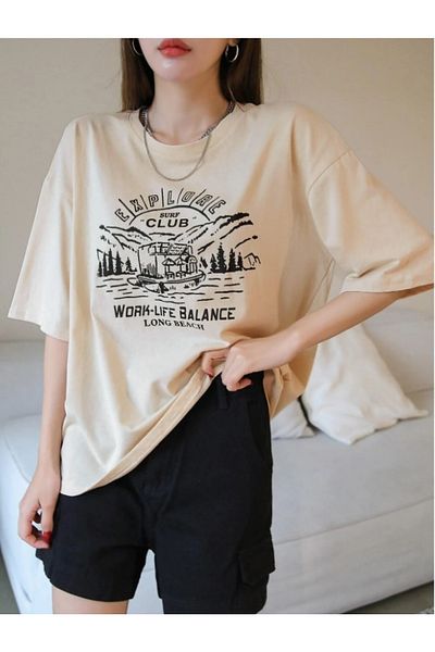 MOONBULL Oversize Beige Mountain And Letter Printed T-shirt