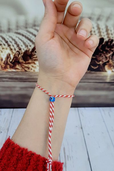 Burak Baskı Tasarım Blue Glass Evil Eye Bead Figured Martentica Bracelet, Luck, Wish Bracelet, Red and White March Rope