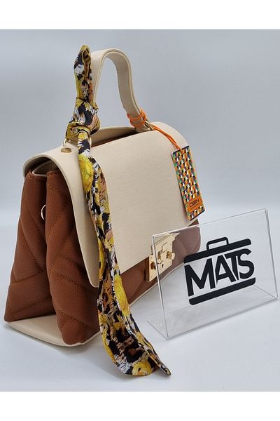 DSN Covered Lockable Hand and Shoulder Bag with Scarf Accessories Tan Cream