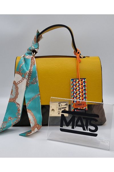 DSN Hand and Shoulder Bag with Lid and Lockable Scarf Accessory Green Mustard
