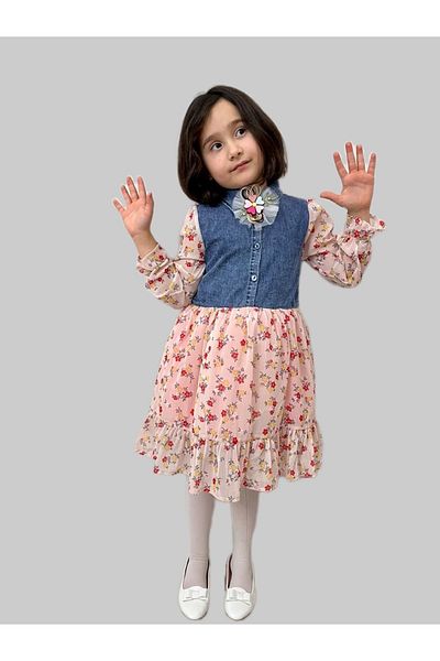 Esterella Girl's Denim Dress/ Denim Shirt Collar Dress/ Floral Patterned Chiffon Dress/with buckle