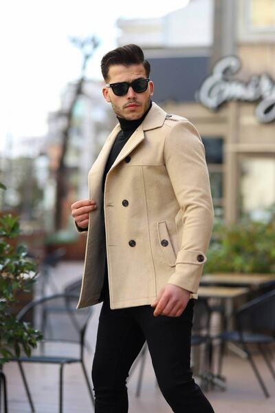 Ser Joven Men's Beige Slim Fit Belted Cuff Coat