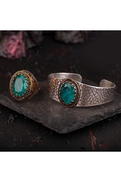 vetesbih Paraiba Jewelled Silver Bracelet and Ring Combination Z1524