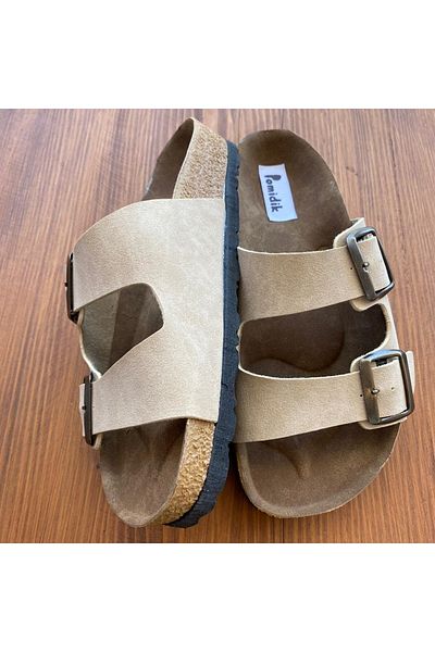 Pomidik Γυναικείες παντόφλες μπεζ Nubuck με διπλή πόρπη