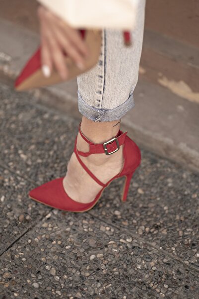 AYAKKABI PRENSİ Pansy Kirmizi Suet 10 Cm Kadın Klasik Topuklu Ayakkabı Suet